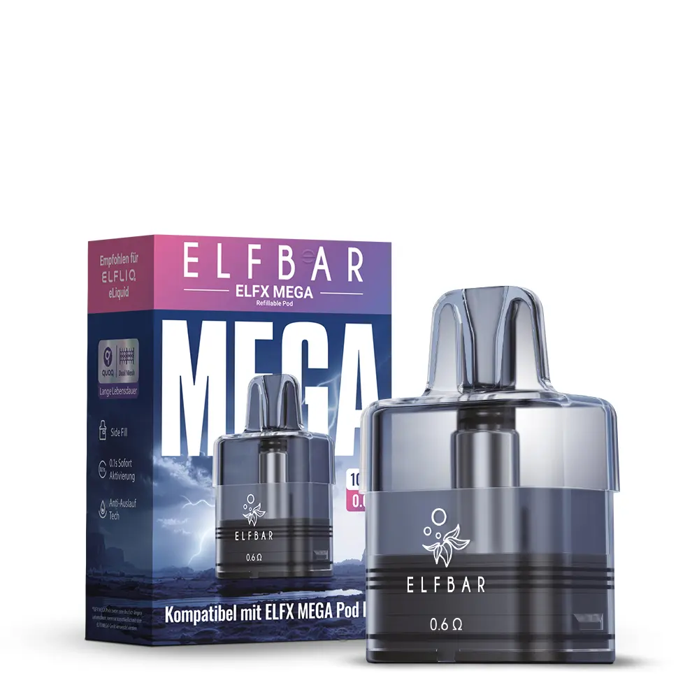 Elfbar ELFX Mega Ersatz-Pod 10ml in dunkelgrau neben Produktverpackung