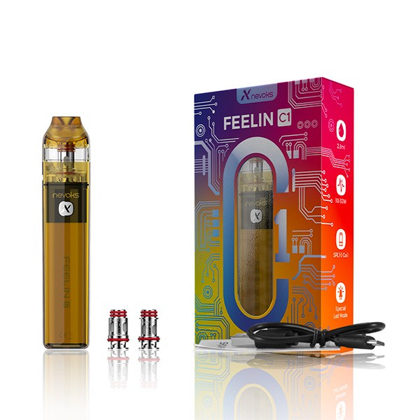 Nevoks Feelin C1 Pod Kit in Gold mit Verpackung, zwei Verdampferköpfen und USB-Kabel