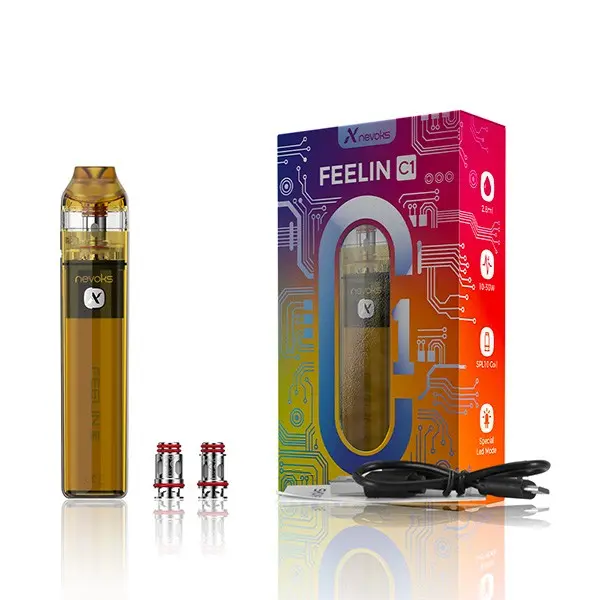 source437839.jpg Nevoks Feelin C1 Pod Kit in Gold mit Verpackung, zwei Verdampferköpfen und USB-Kabel