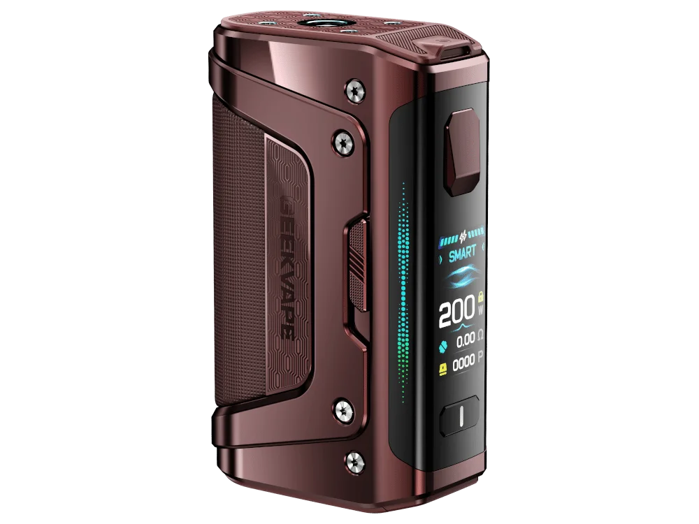 GeekVape Aegis Legend 5 Mod in Dunkelrot-Braun mit 200W Farbdisplay, robustes Box-Mod-Design