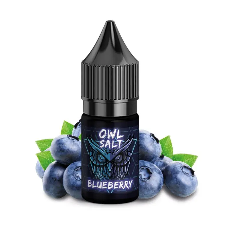 OWL Salt Blueberry Nikotinsalz-Liquid 10ml – schwarze Flasche mit Eulen-Logo, umgeben von frischen Blaubeeren