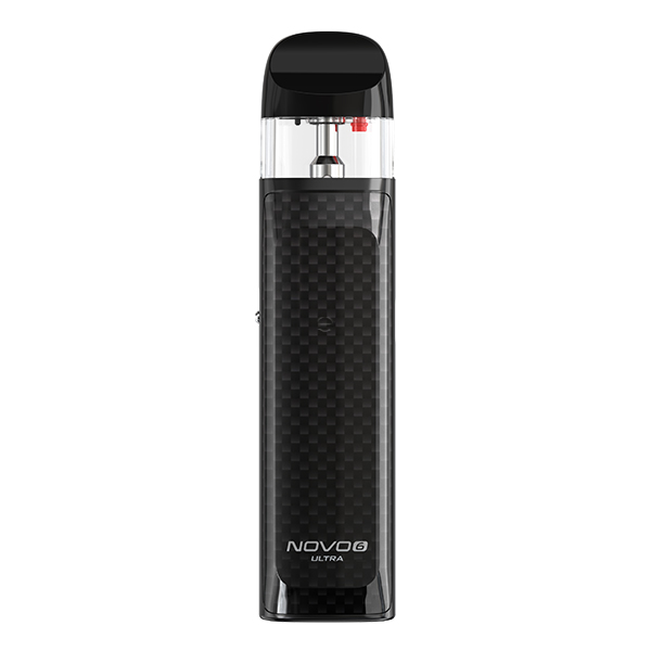 Smok Novo 6 Ultra Pod Kit in Schwarz mit Carbon-Optik, Frontansicht mit transparentem Pod