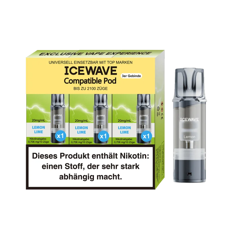 Icewave Prefilled Pod Lemon Lime – 3er-Packung mit grün-gelben Pods und einzelnem Pod auf gelblich-grünem Hintergrund