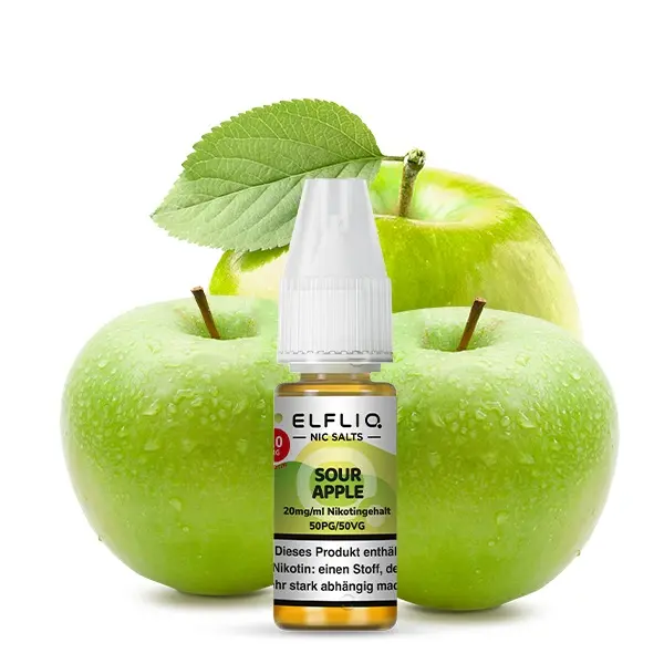 Elfliq Sour Apple Nikotinsalz-Liquid 10ml Flasche von Elfbar vor grünen Äpfeln
