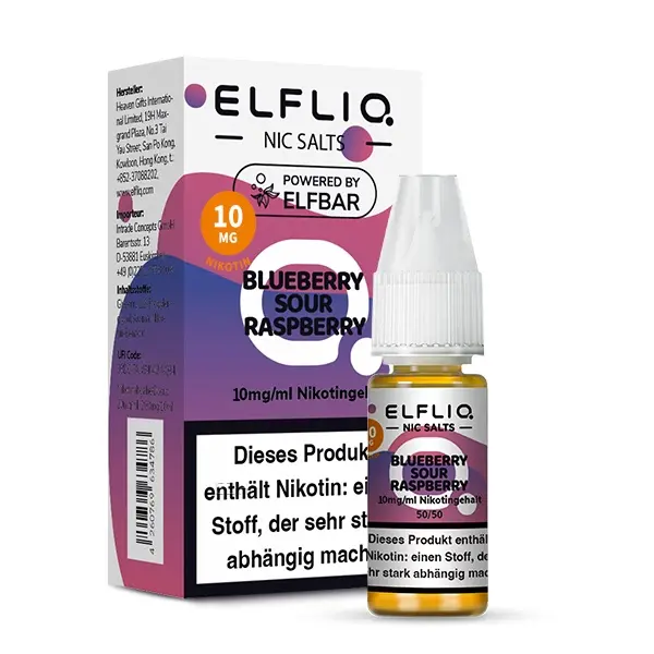 Elfliq Blueberry Sour Raspberry 10ml Nikotinsalz-Liquid – Flasche mit Verpackung, 20mg Nikotinsalz