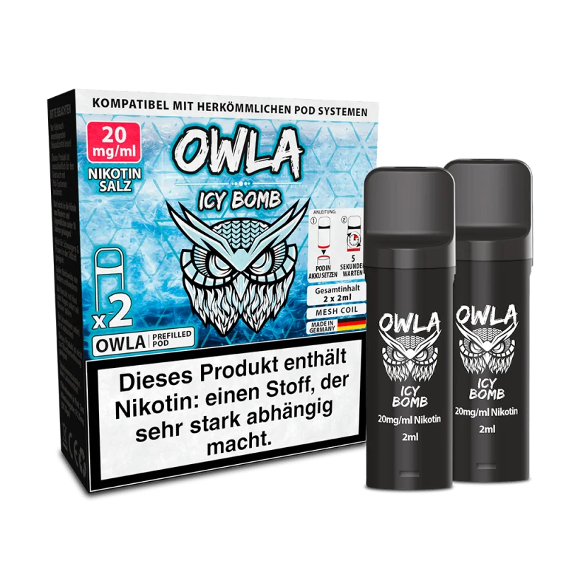 Owla Icy Bomb Prefilled Pod 2er-Pack, hellblaue Verpackung mit 20 mg Nikotinsalz, zwei weiß-schwarze Pods
