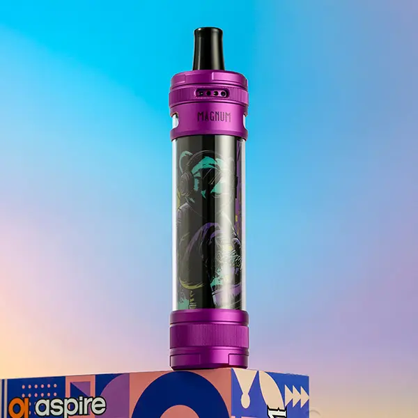 Aspire Magnum Pod Kit in lila mit buntem Graffiti-Design, Tankverdampfer, Frontansicht vor Verpackung