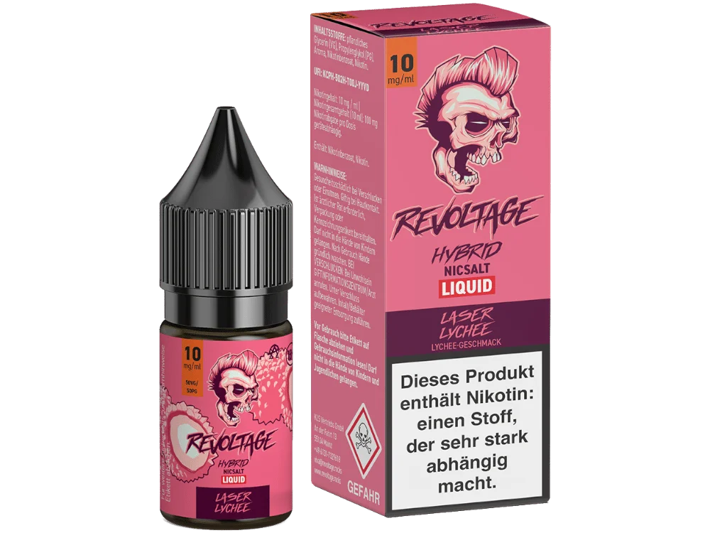 revoltage_hybrid_laser_lychee_10mg_1000x750.png Revoltage Laser Lychee 10ml Hybrid-Nikotinsalz-Liquid – Flasche und Verpackung in Rosa