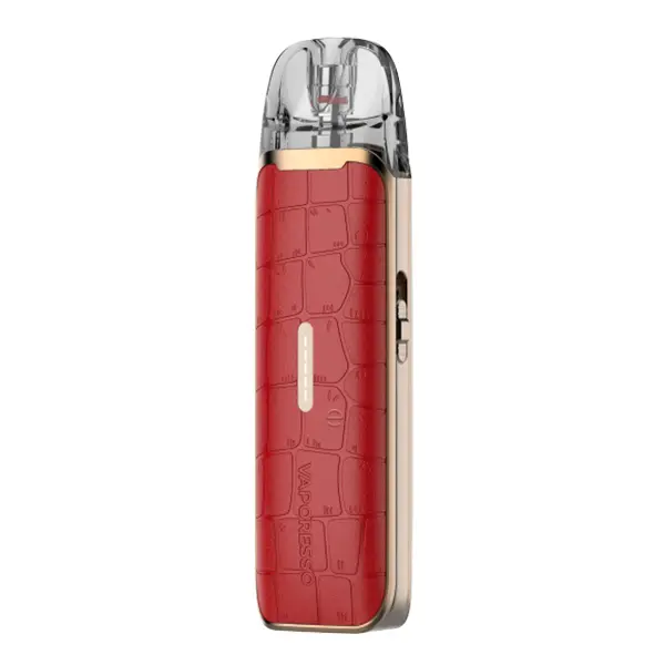 vaporesso-luxe-q3-pod-kit-5.jpg Vaporesso Luxe Q3 Pod Kit in Rot mit Krokodilleder-Optik und transparentem Pod, Frontansicht