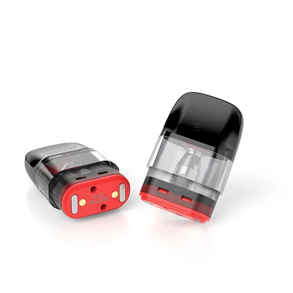3x Oxva Xlim EZ Ersatz-Pod in Schwarz-Rot, zwei Pods von schräg oben mit roten Kontakten