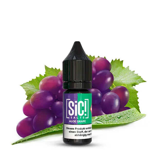 sic-aloe-grape-nikotinsalz-1.jpg SiC! Salts Aloe Grape 10ml Nikotinsalz-Liquid – lila Flasche vor frischen Weintrauben auf grünem Hintergrund