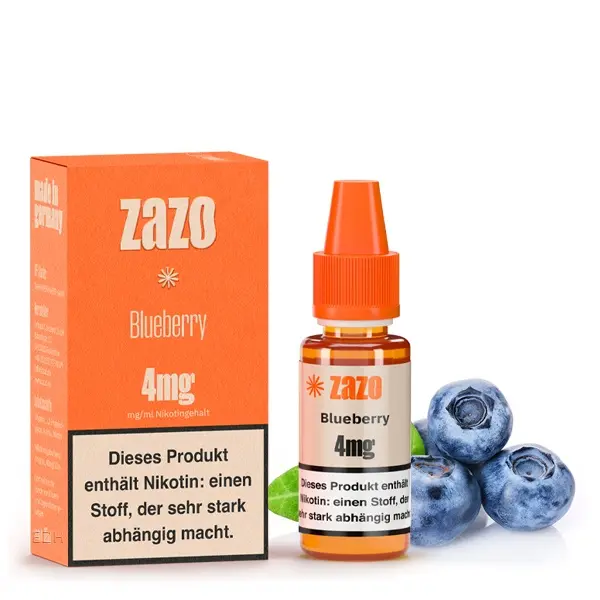 source775643.jpg ZAZO Classics Blueberry 10ml Liquid, 4mg, orangefarbene Verpackung mit Flasche und Heidelbeeren