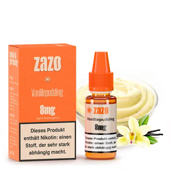 zazo-neo-vanillepudding-liquid-5.jpg ZAZO Neo Vanillepudding 8mg Liquid – orangefarbene Schachtel mit 10ml Flasche, Vanillepudding-Motiv im Hintergrund
