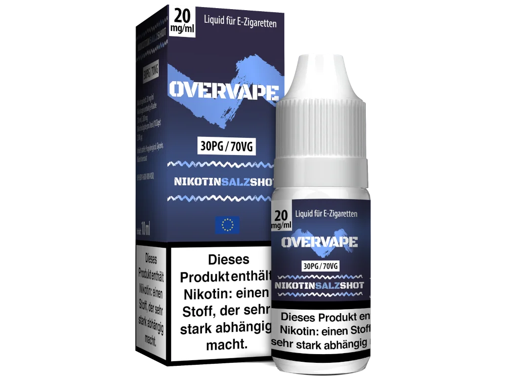 Overvape Nikotinsalz-Shot 70/30 20mg/ml NicSalt – 10-ml-Flasche mit blauem Etikett in Verpackung