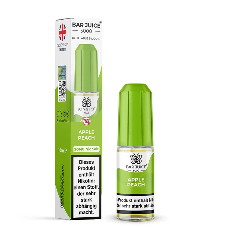 Bar Juice 5000 Apple Peach 10ml Nikotinsalz-Liquid – grüne Flasche mit Verpackungskarton