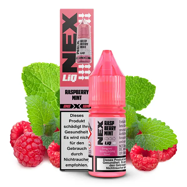 PodSalt NexLiq Raspberry Mint 10ml Nikotinsalz-Liquid – pinkfarbene Flasche mit Himbeeren und Minzblättern
