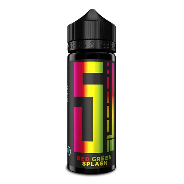 5-el-red-green-splash-1 5 Elements Red Green Splash Longfill, schwarze 120ml Flasche mit pinkem und gelbem Farbverlauf-Label