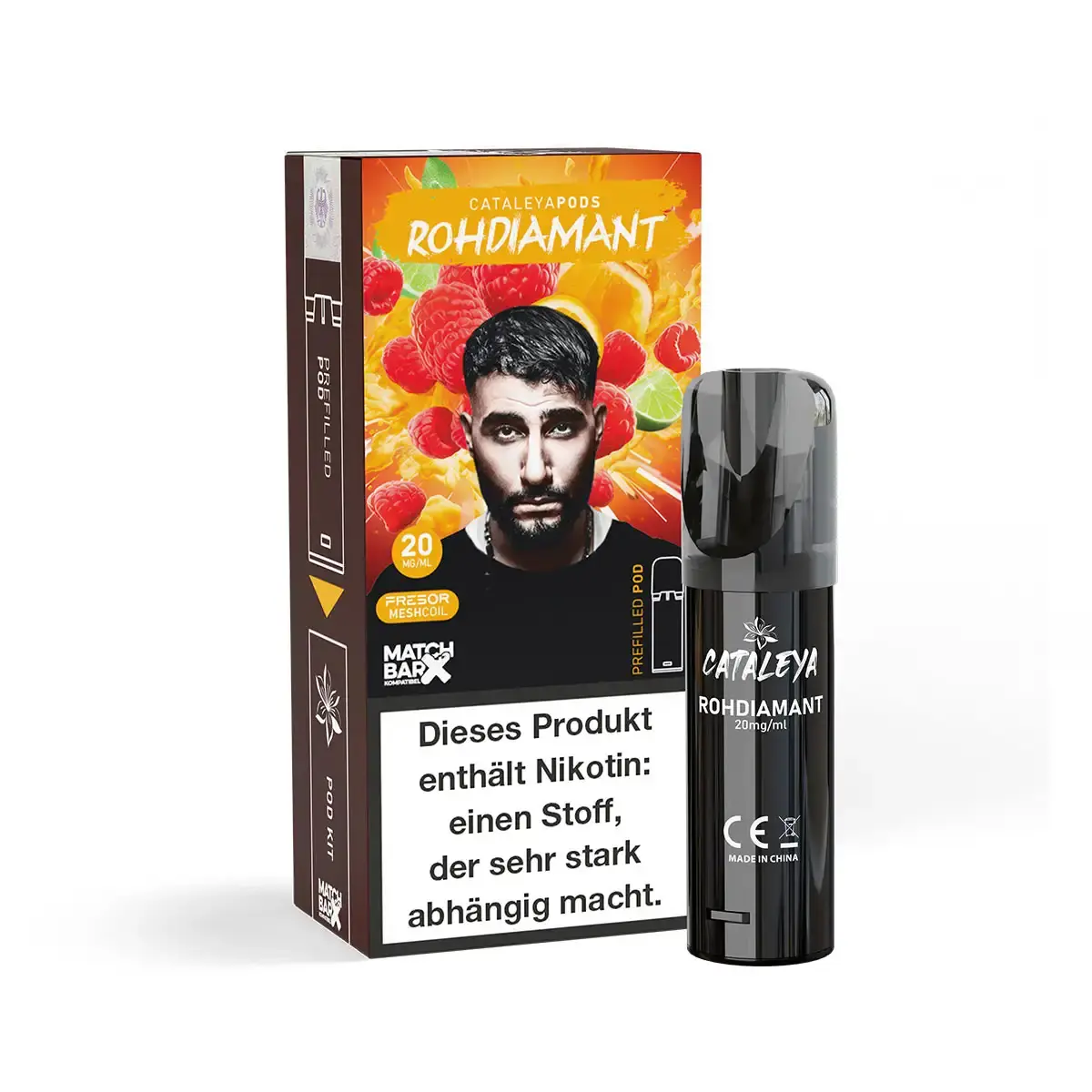 Cataleya Prefilled Pod Rohdiamant – Verpackung mit Gesicht und buntem Frucht-Motiv, 1 schwarzer Pod