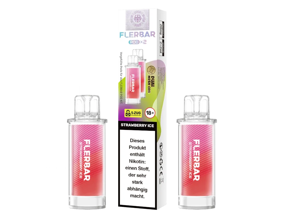 Flerbar Prefilled Pod Strawberry Ice – 2er-Pack in rosa-pinker Verpackung mit zwei transparenten Pods
