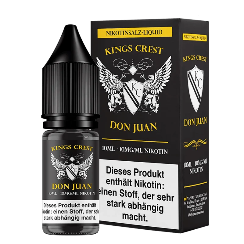 KIC211_800x800.png?ts=1763550720 Kings Crest Don Juan Nikotinsalz-Liquid 10ml – schwarze Verpackung mit Adler-Logo, Einzelflasche und Umkarton