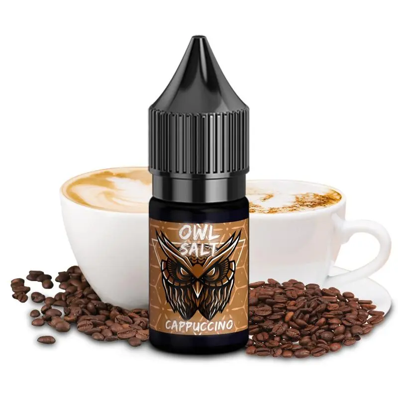 OWL Salt Cappuccino 10ml Nikotinsalz-Liquid Flasche mit Kaffeebohnen und Cappuccino im Hintergrund