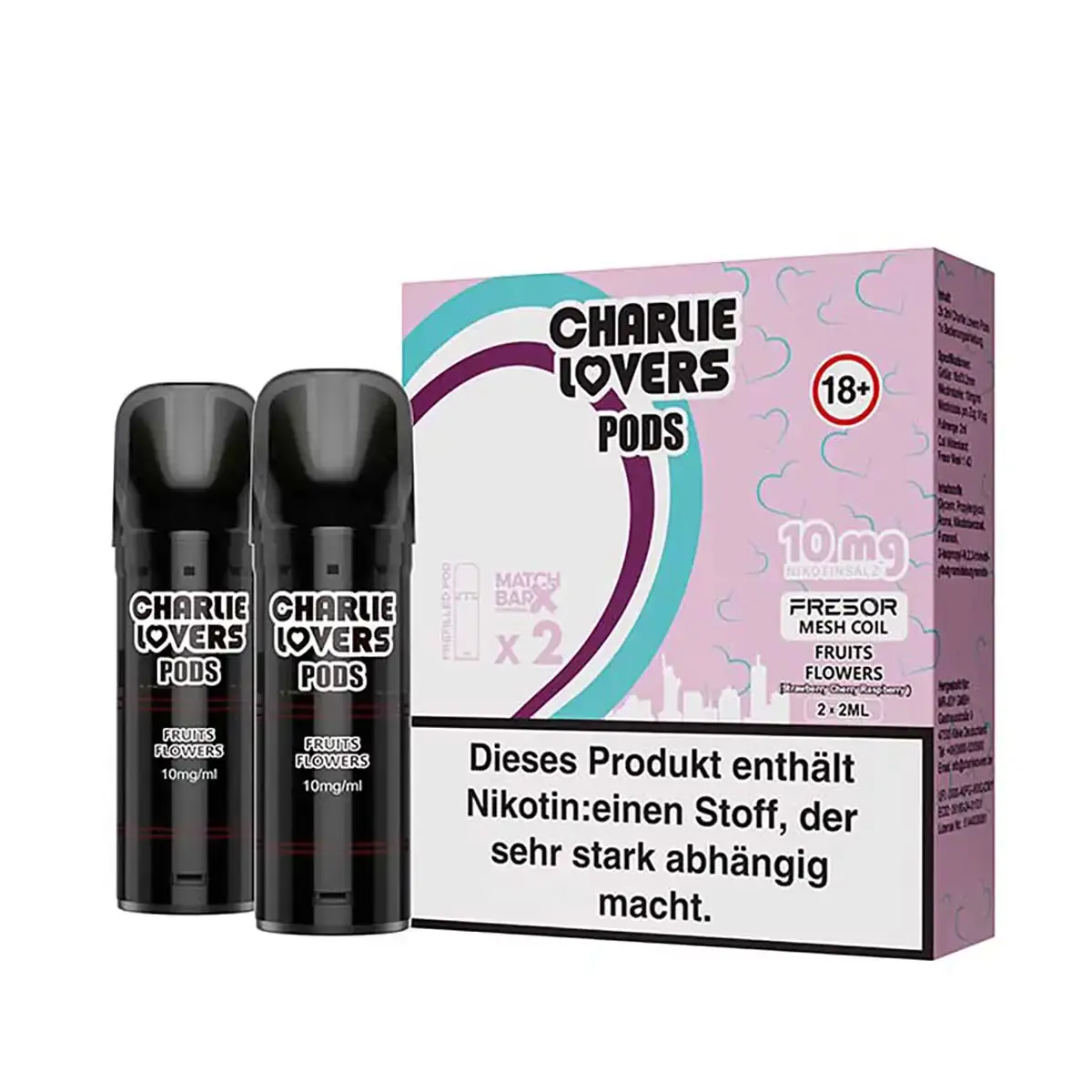 2 schwarze Charlie Lovers Prefilled Pods Fruit Flowers in rosa Verpackung, 10 mg Nikotin