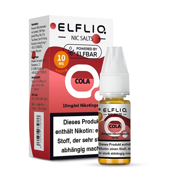 Elfliq Cola Nikotinsalz-Liquid 10ml Flasche mit roter Verpackung, 10mg, von Elfbar