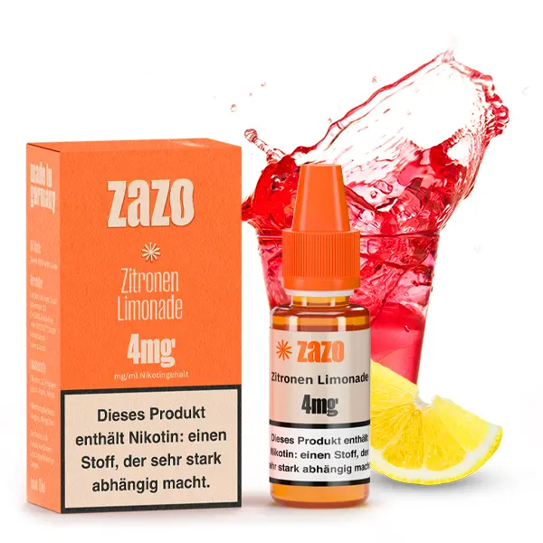 zazo-neo-zitronen-limonade-liquid-4.jpg Kleine orangefarbene Tropfflasche mit weißem Verschluss, Etikett Zazo Neo Zitronen-Limonade, davor Zitronen und ein Farbspritzer