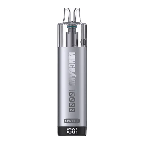 uwell-nchku-10000-refillable-pod-kit-3.jpg Uwell Nchku 10000 Refillable Pod Kit in Hellgrau-Silber mit transparentem Pod-Aufsatz, Seitenansicht