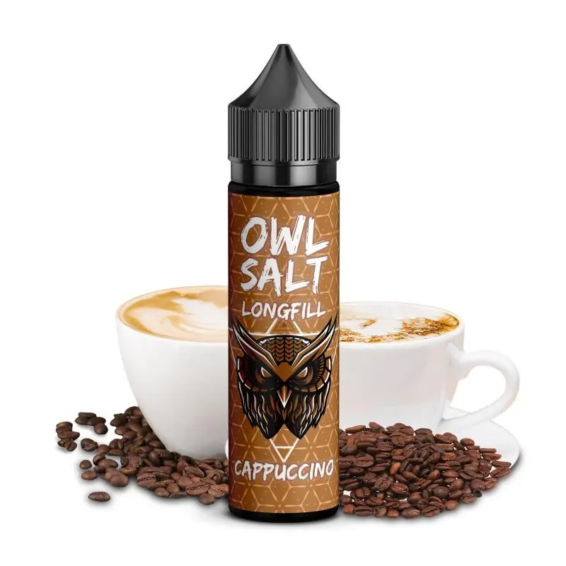 source97535.jpg OWL Salt Cappuccino Longfill 10ml Flasche mit Kaffeemotiv und Cappuccino-Tassen im Hintergrund