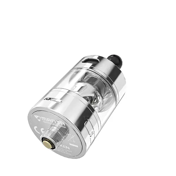 advken-manta-mtl-11Bjzr7cPTUKjEF.jpg Advken Manta MTL Tank Verdampfer in Silber, Schrägansicht von vorne mit goldenem Luftstromregler