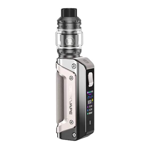 GeekVape Aegis Solo 3 Kit 18650 in Silber-Grau mit silbernem Tankverdampfer, Frontansicht