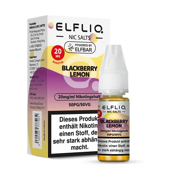 source584518.jpg Elfliq Blackberry Lemon Nikotinsalz-Liquid 10ml von Elfbar – Verpackung mit 20mg Stärke, lila-gelbes Design