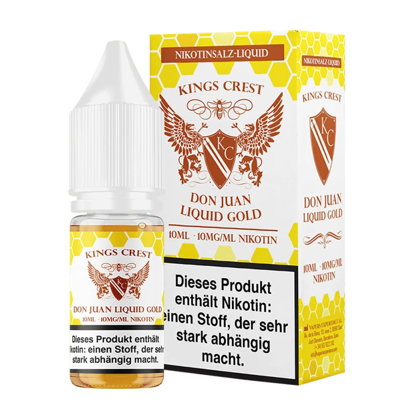 KIC207_800x800.png?ts=1763551224 Kings Crest Don Juan Liquid Gold Nikotinsalz-Liquid 10ml – goldgelbe Verpackung mit Adler-Logo, Flasche und Umkarton