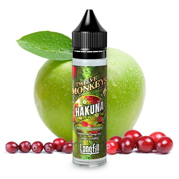 Twelve Monkeys Hakuna Longfill-Aroma – 50ml Flasche mit grünem Apfel und Cranberry-Motiv