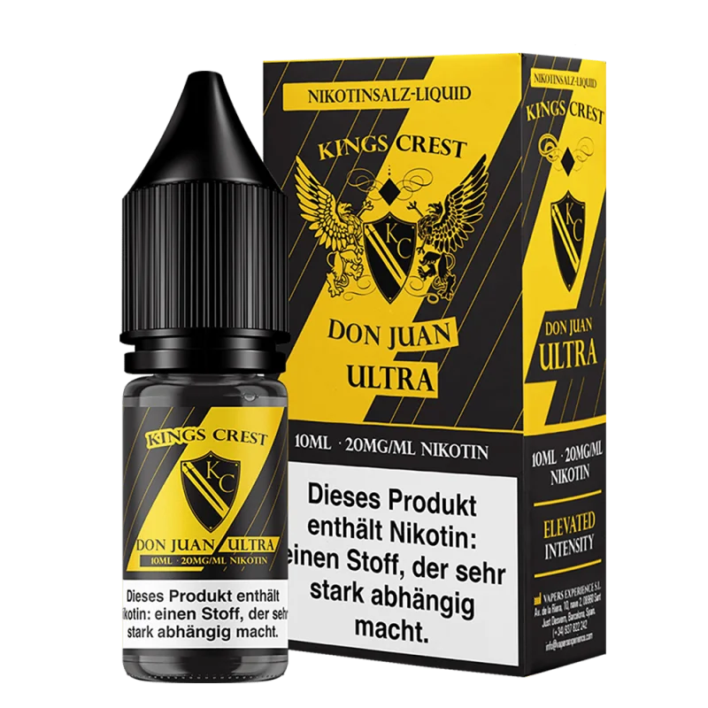 Kings Crest Don Juan Ultra Nikotinsalz-Liquid 10ml – schwarzgelbe Flasche mit Verpackung, Seitenansicht
