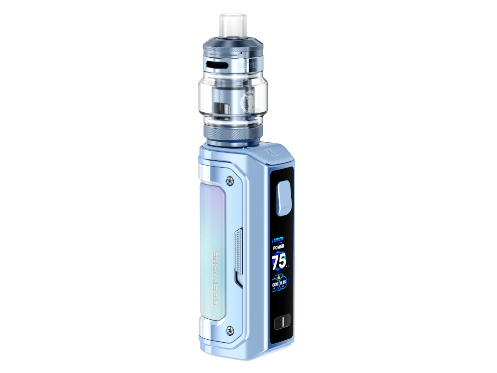 GeekVape Aegis Mini 5 E-Zigaretten-Set in Silber-Grau metallic mit aufgesetztem Verdampfer, Frontansicht