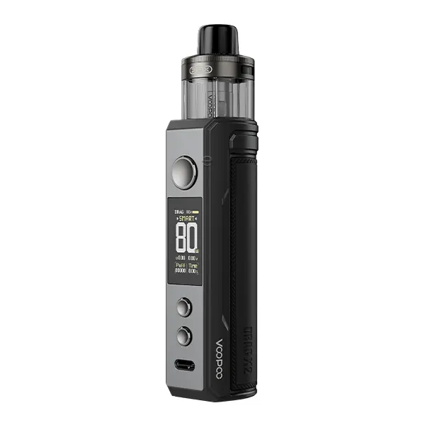 VooPoo Drag X2 Pod Kit E-Zigarette in Schwarz mit Display und aufgestecktem Tank, Vorderansicht