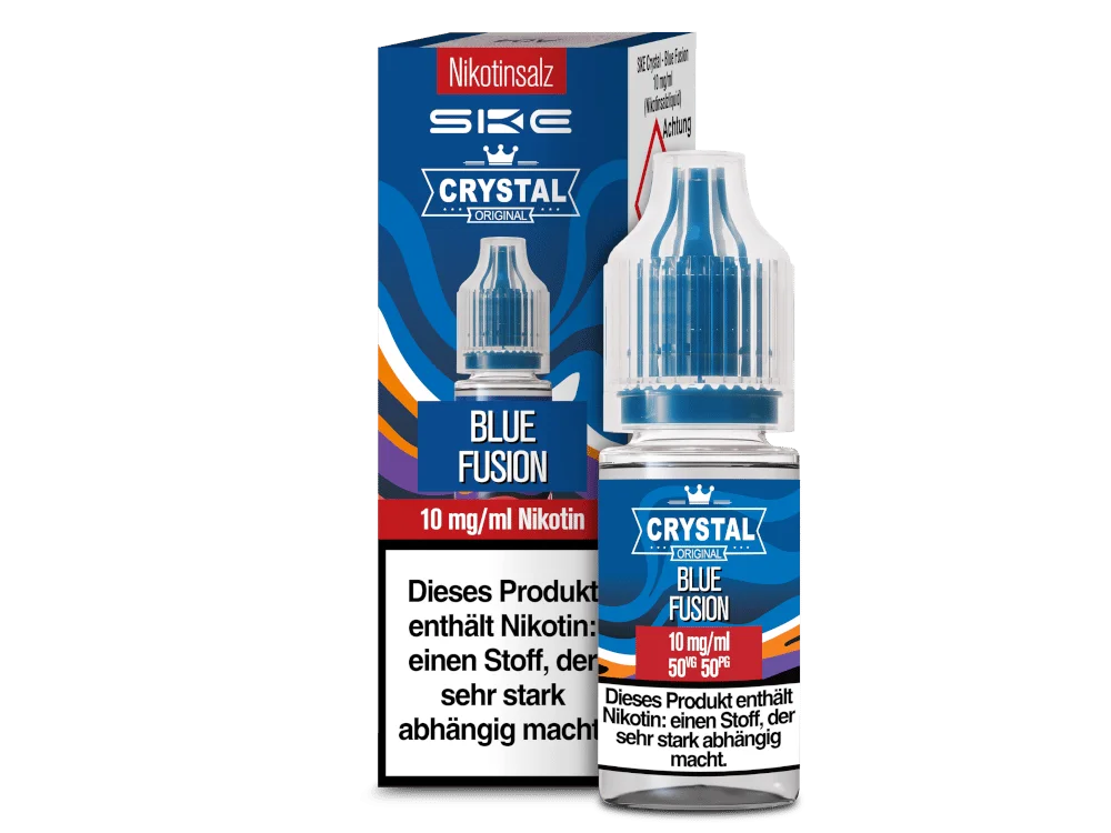 SKE Crystal Blue Fusion 10ml Nikotinsalz-Liquid, blaue Flasche mit 10 mg Nikotin, Frontansicht