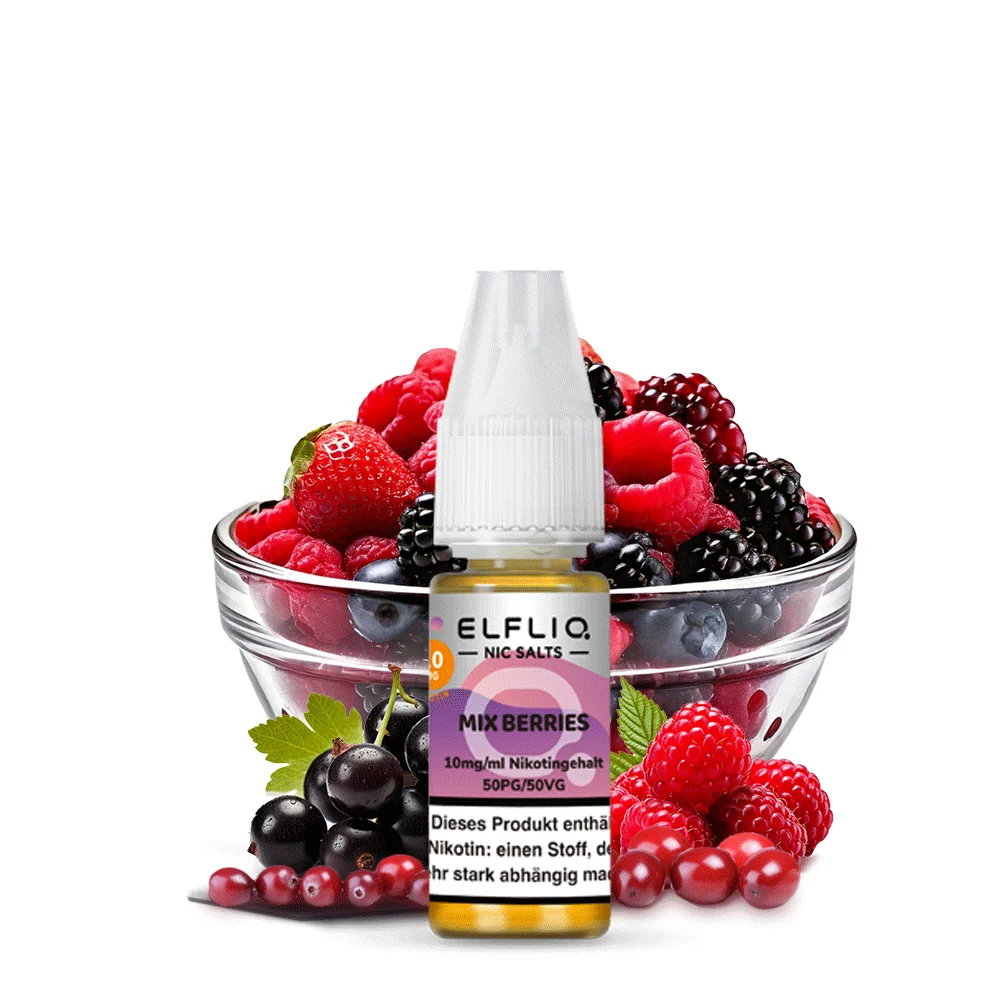 Elfliq Mix Berries Nikotinsalz-Liquid 10ml Flasche vor frischen gemischten Beeren in Schüssel