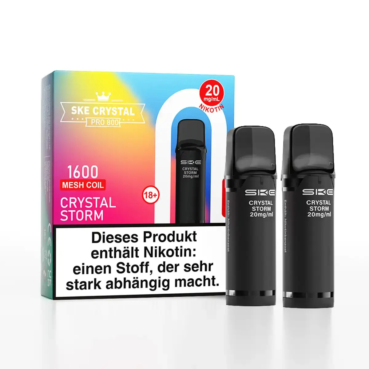 SKE Crystal 800 Pro Prefilled Pod Crystal Storm – 2er-Pack mit bunter Verpackung und zwei schwarzen Pods
