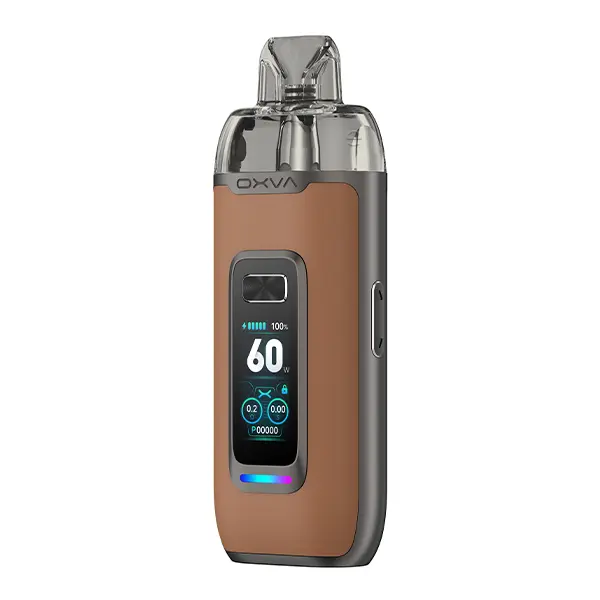 oxva-vprime-pod-kit-4.jpg Oxva VPrime Pod Kit in Braun mit farbigem Display und transparentem Pod, Frontansicht