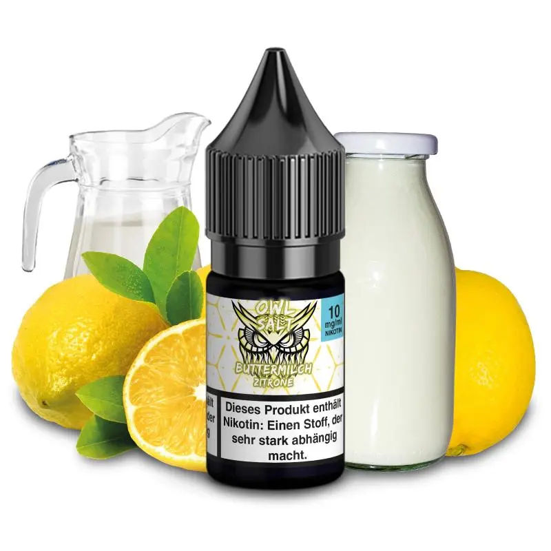 OWL Buttermilch Zitrone 10ml Nikotinsalz-Liquid, schwarze Flasche mit sichtbarem Etikett, Zitronen und Milch im Hintergrund