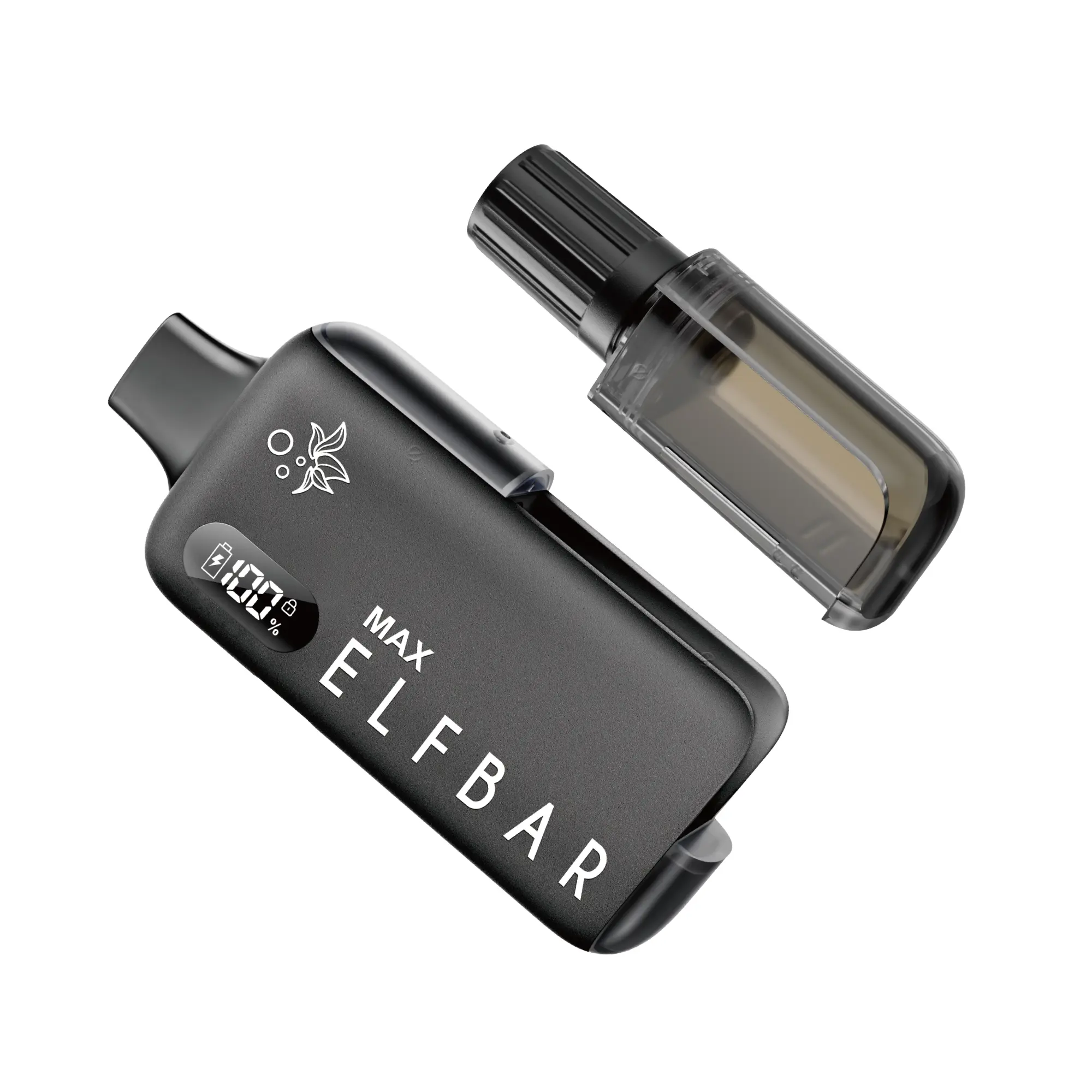 Elfbar Max Kit in Schwarz mit herausgezogenem Pod, Akkuträger mit Display-Anzeige, Frontansicht