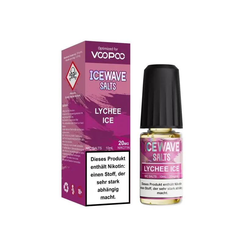 Icewave Salts Lychee Ice 10ml Nikotinsalz-Liquid – pinke Schachtel und Flasche vor dunklem Hintergrund