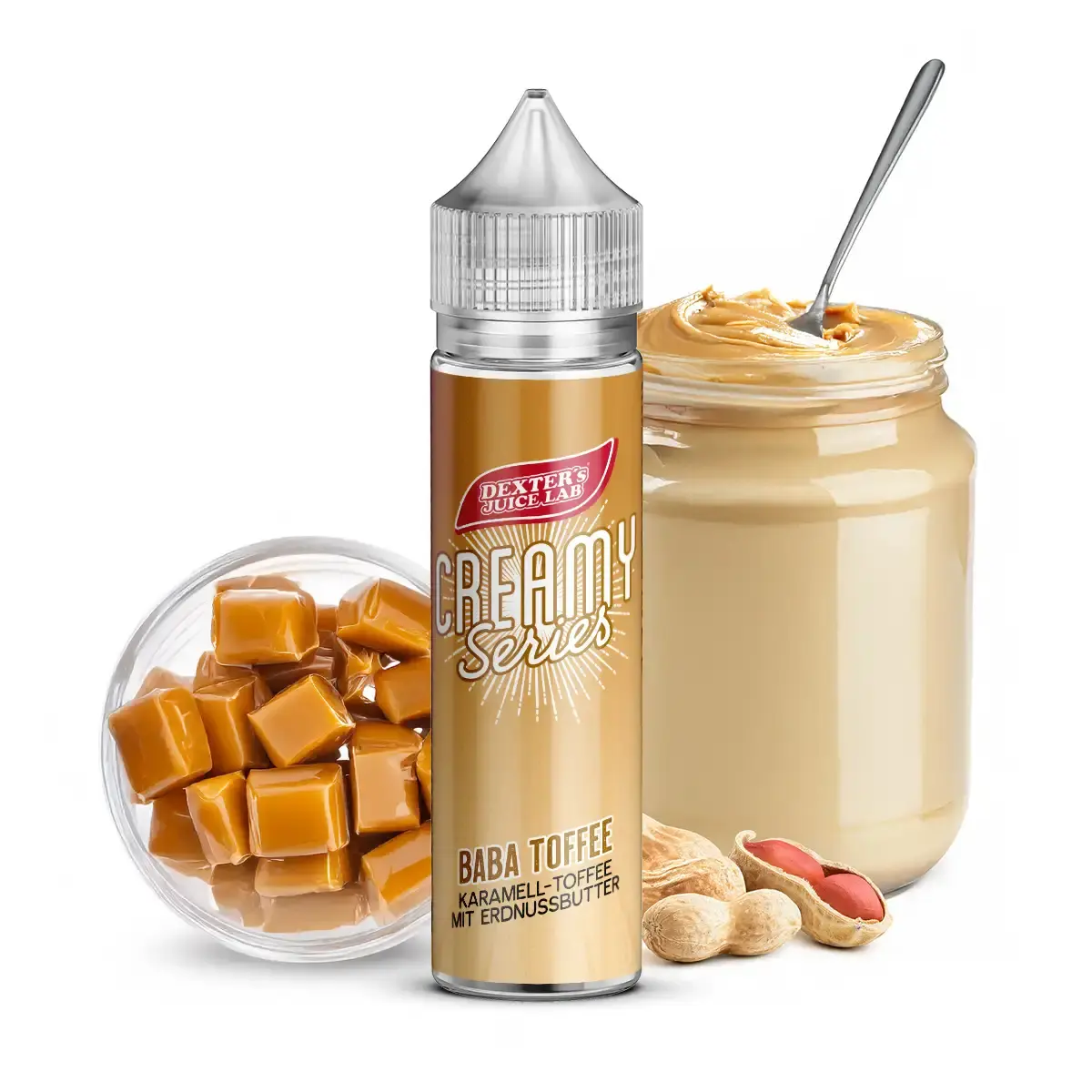 neu-dexters-juice-lab-creamy-series-baba-toffee-10ml-aroma-longfill-steuerware~2.png Dexters Juice Lab Creamy Series Baba Toffee Longfill 60 ml mit Erdnussbutter- und Toffee-Darstellung