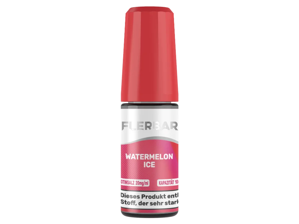 flerbar-liquid-nicsalt-watermelon-ice-20mg_1000x750.png Flerbar Watermelon Ice 10ml Nikotinsalz-Liquid in roter Flasche, leicht gedrehte Ansicht