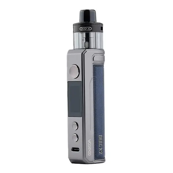 VooPoo Drag X2 Pod Kit E-Zigarette in silber-blaugrauer Farbkombination, Frontansicht mit Tank