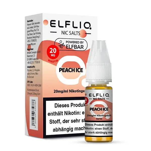 Elfbar Elfliq Peach Ice 10ml Nikotinsalz-Liquid – orangefarbene Flasche mit Schachtel, 20mg Nikotin