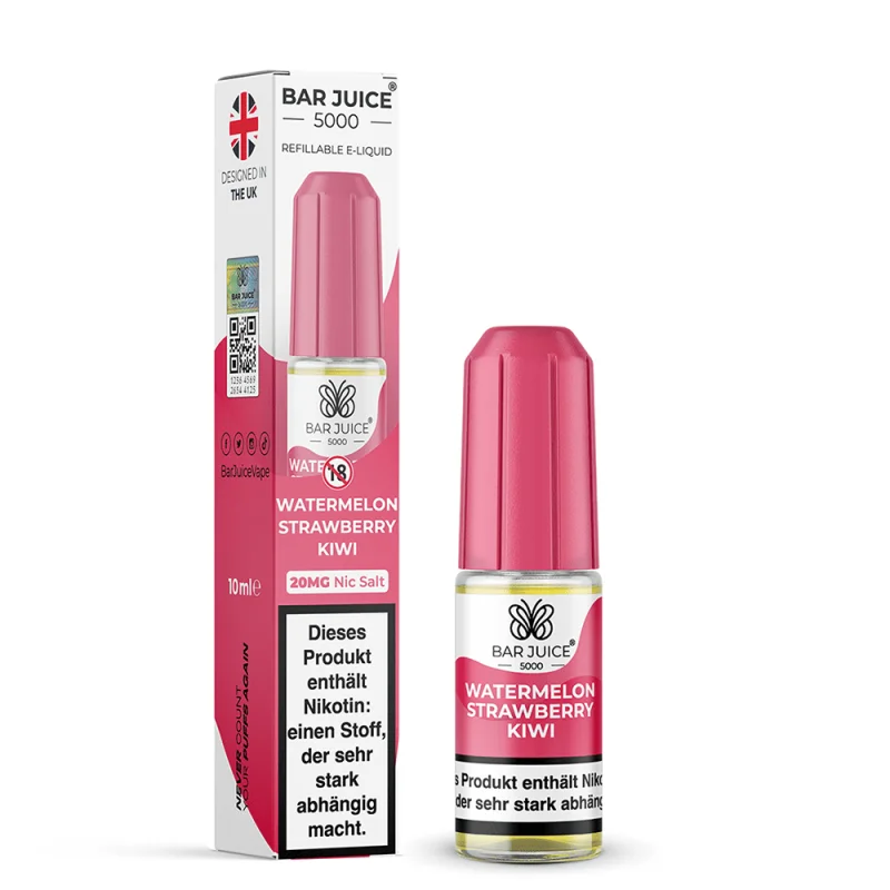 Bar Juice 5000 Watermelon Strawberry Kiwi Nikotinsalz-Liquid 10ml – pinkfarbene Flasche mit Verpackung